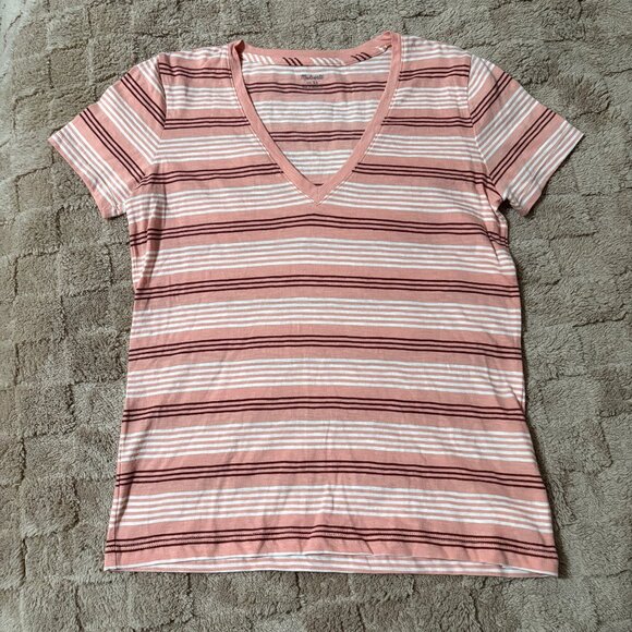 NWT New Madewell Striped V-Neck 100% Cotton Pink T-Shirt Top XS - Picture 9 of 9